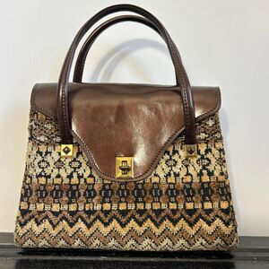 Vintage 60s Brown Vinyl + Carpet Handbag